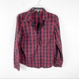 Talbots Red & Black Plaid Ruffle Button Down Top 8